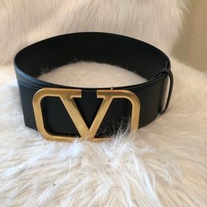 Valentino Black Belt with Gold V Buckle